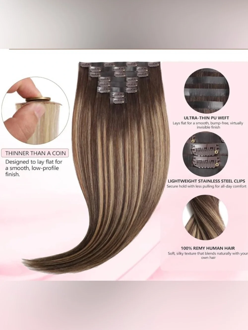 Ombre Brown Caramel Blonde Balayage Human Hair 20 Inch Clip In Hair Extensions